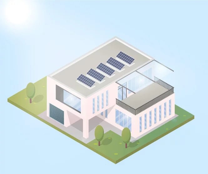 Graphic of a house in the day time, solar panels on the roof, depicting solar basics with AVID Solar.